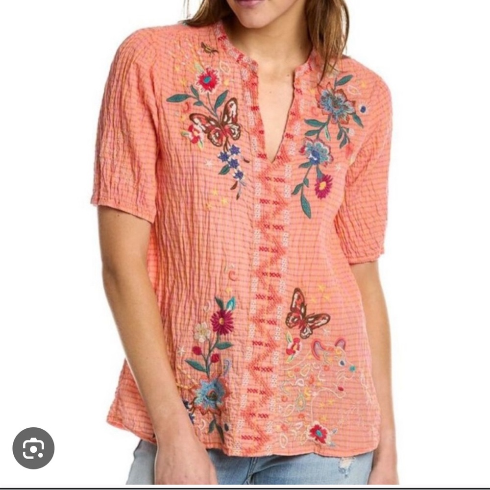 Johnny Was Olinda Embroidered Puff Sleeve‎ Blouse coral XL Boho